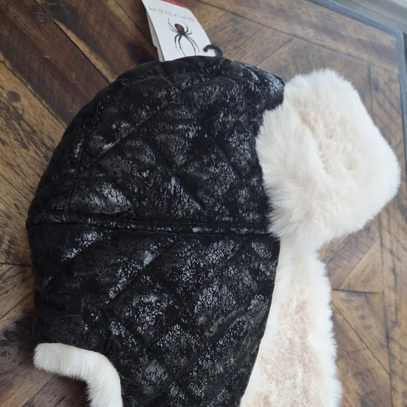 Spyder Women's Quilted Black and White Faux Fur Trapper Style Winter Hat - Picture 3 of 11